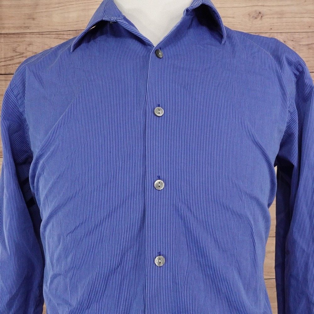 Kenneth Cole Reaction Dress Shirt Mens L 16 32/33 Blue Stripe French Cuff